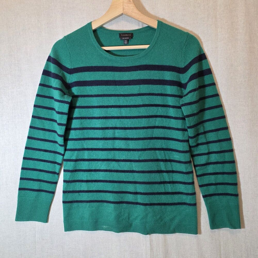 Talbots 100% Cashmere Sweater Womens XS Kelly Green Navy Stripe Button Cuffs